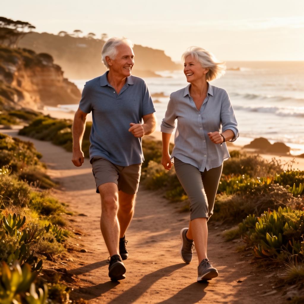 Active mature couple walking along an Australian coastal path