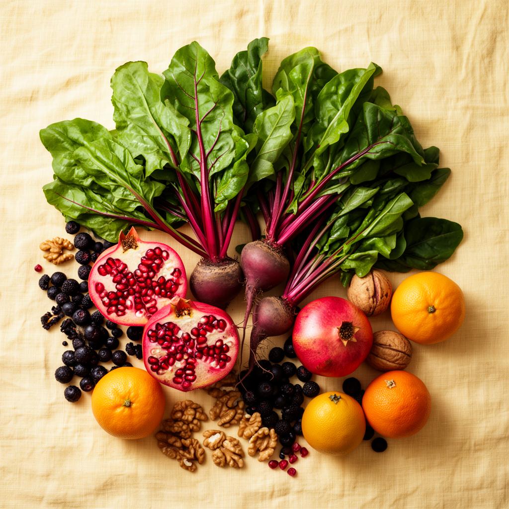 Leafy greens, beetroot, pomegranate, citrus and walnuts on linen